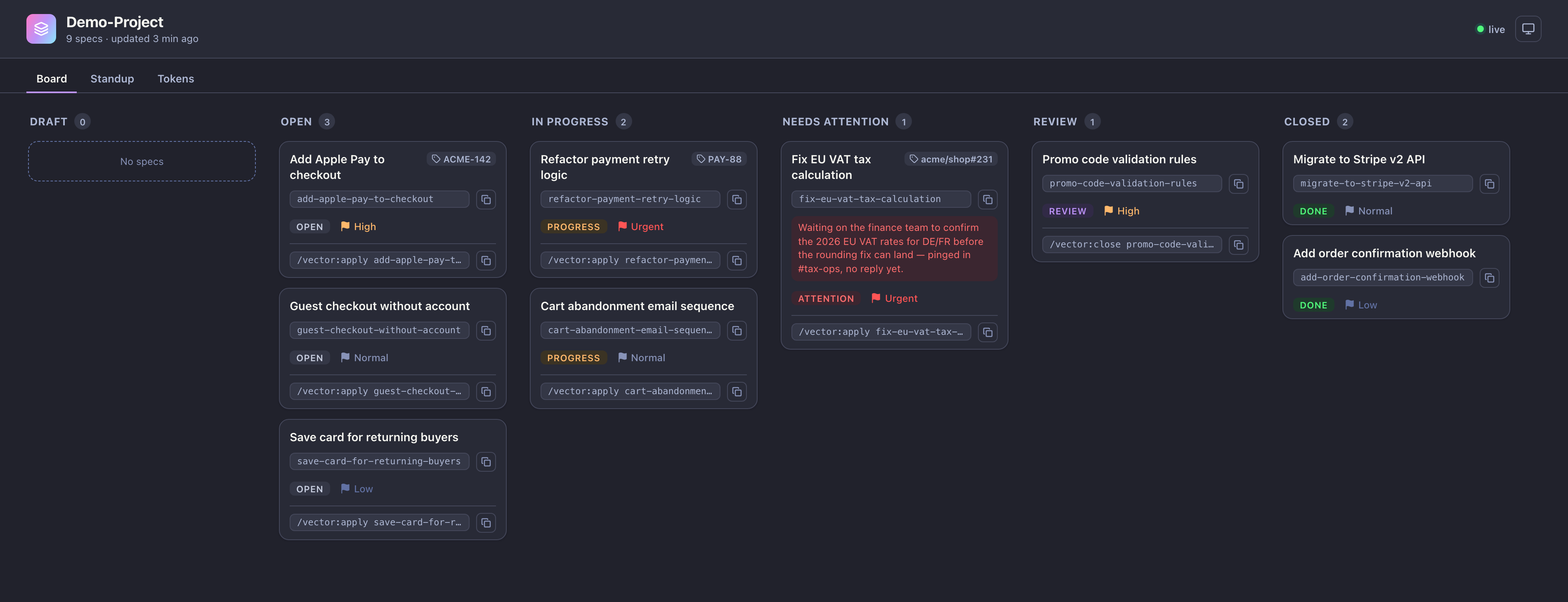 Vector kanban board with draft, open, in-progress, needs-attention, review, and closed columns. Cards show a slug, a priority flag, an external ticket reference, and a /vector:apply command.